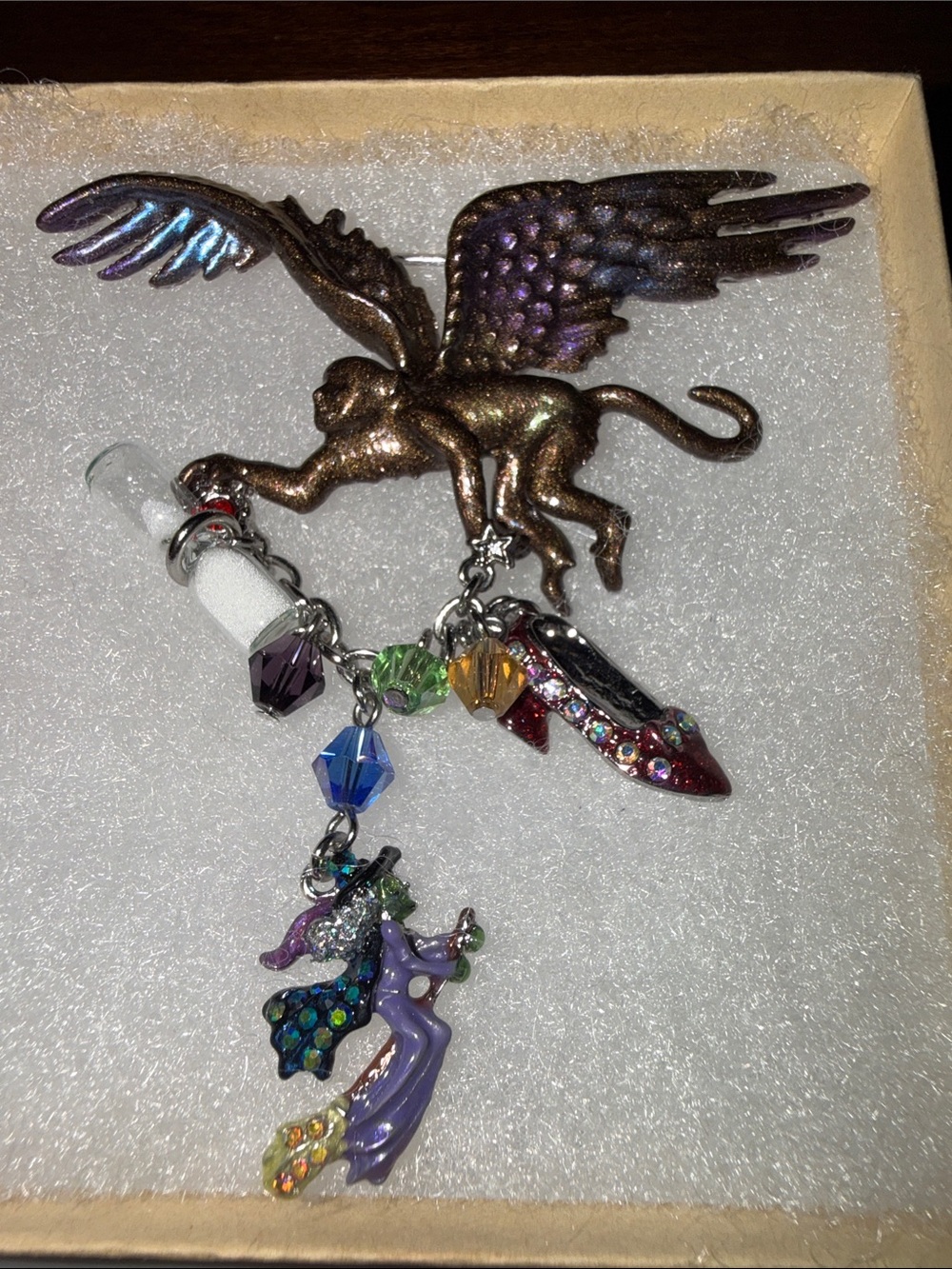 Kirks Folly Iridescent Bronze Winged Monkey Brooch w Colorful Charms Land of Oz
